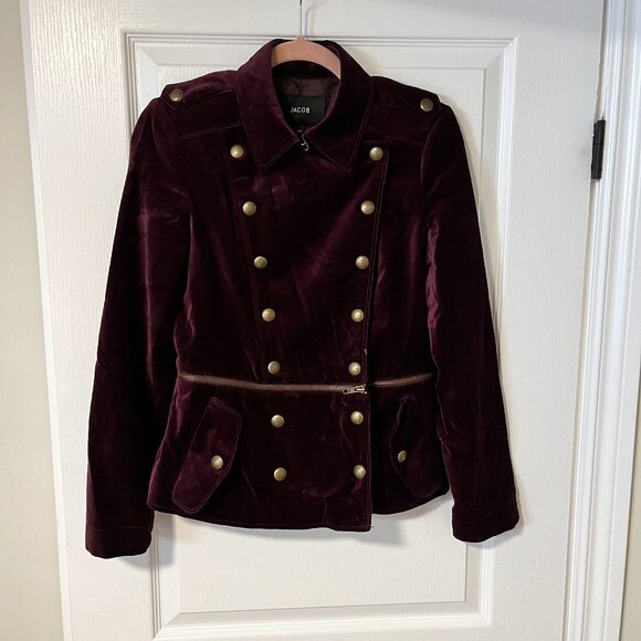 Red Velvet Cropped Blazer Military Style with Zippers and Buttons Jacob Size XS - Picture 1 of 9